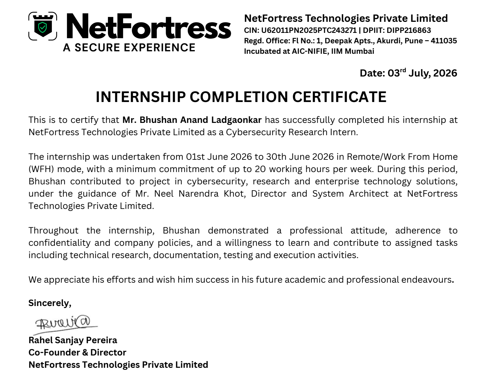 NetFortress Internship Completion Certificate